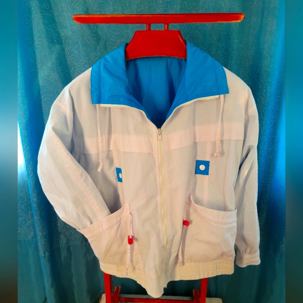 VTG 80s Ath full-zip Windbreaker, Teal poly lined w/ White cotton, adj waist